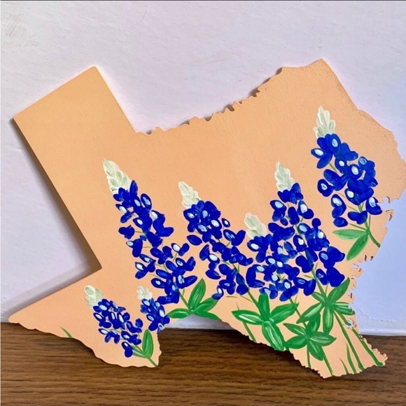 MINI TEXAS ART - Bluebonnets on Peach - Texas Wood Cutout - Wall Decor - Picture 1 of 2
